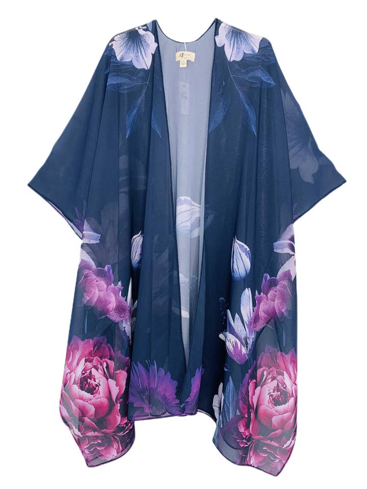 JC071037 Kimono in chiffon di alta qualità, blu marino e viola floreale per la vendita all'ingrosso da parte di JC Sunny Fashion