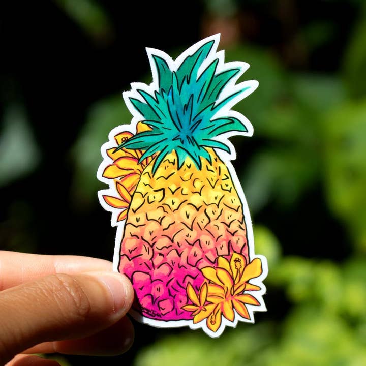 PINEAPPLE FLORAL WHITE STICKER - SMALL for wholesale by Lauren Taylor Creations
