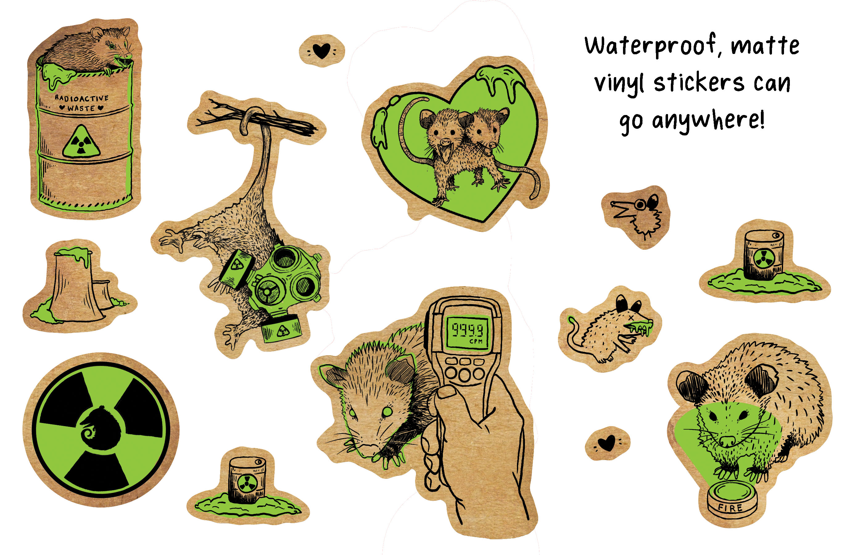 BoyPilot Goods - Wholesale Sticker - Radioactive Possums Sticker Sheet - Waterproof Vinyl3