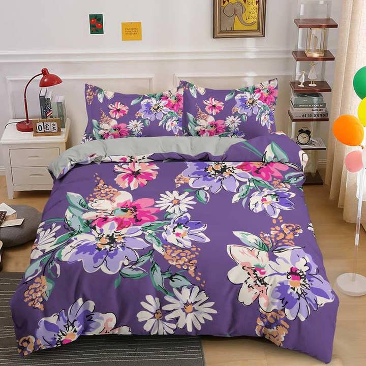 Housse de couette florale violette, literie colorée, chambre d'adolescente, lit de bébé fille, literie bohème Maximaliste esthétique shabby chic pour la vente par daintyduvet