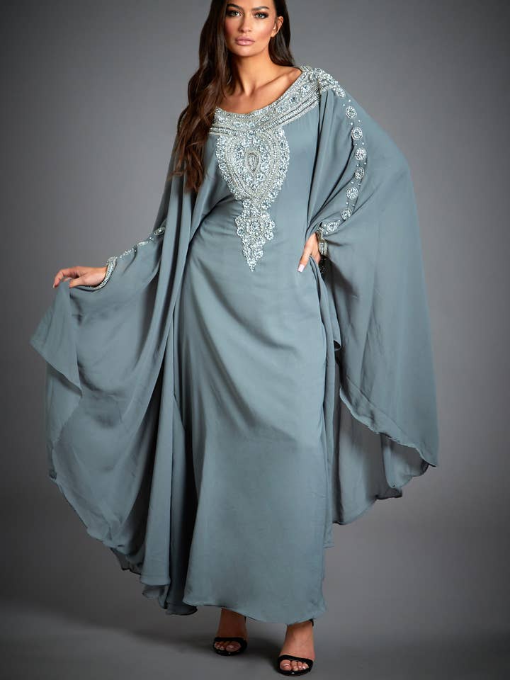 Jywal London® - Wholesale Kaftan – Women's - Amira Embellished Grey Kaftan Maxi Dress0