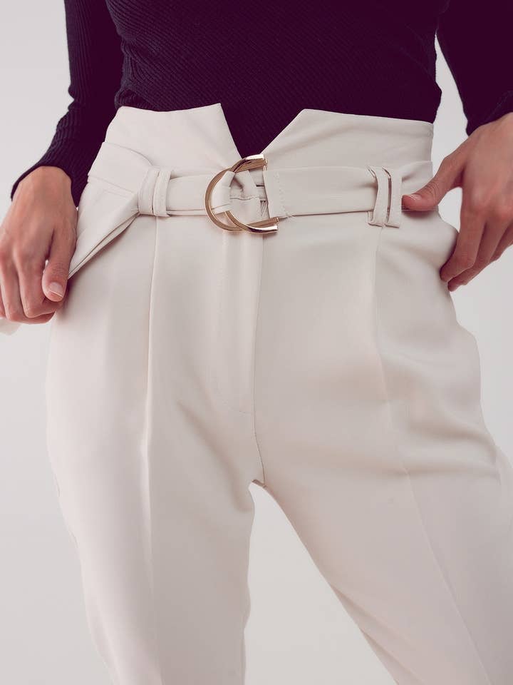 White cigarette pants with paper-bag waist in cream for wholesale on Faire