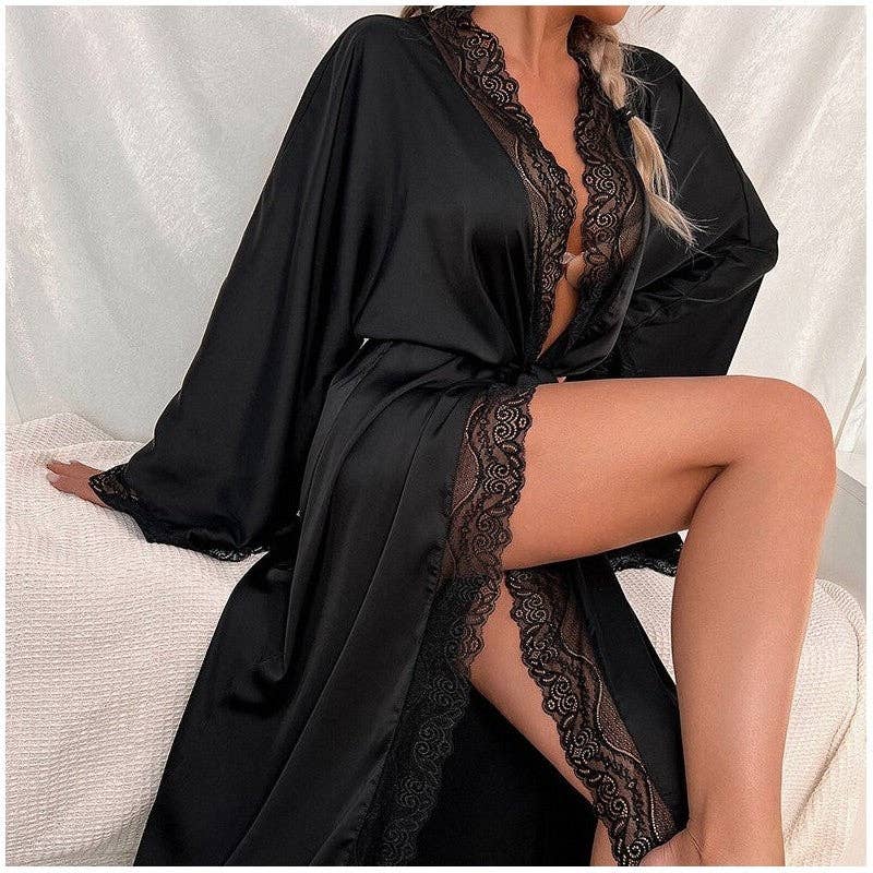 Sheer Trend - Wholesale Robe - Women's - Satin Lace Trim Long Sleeve Robe8