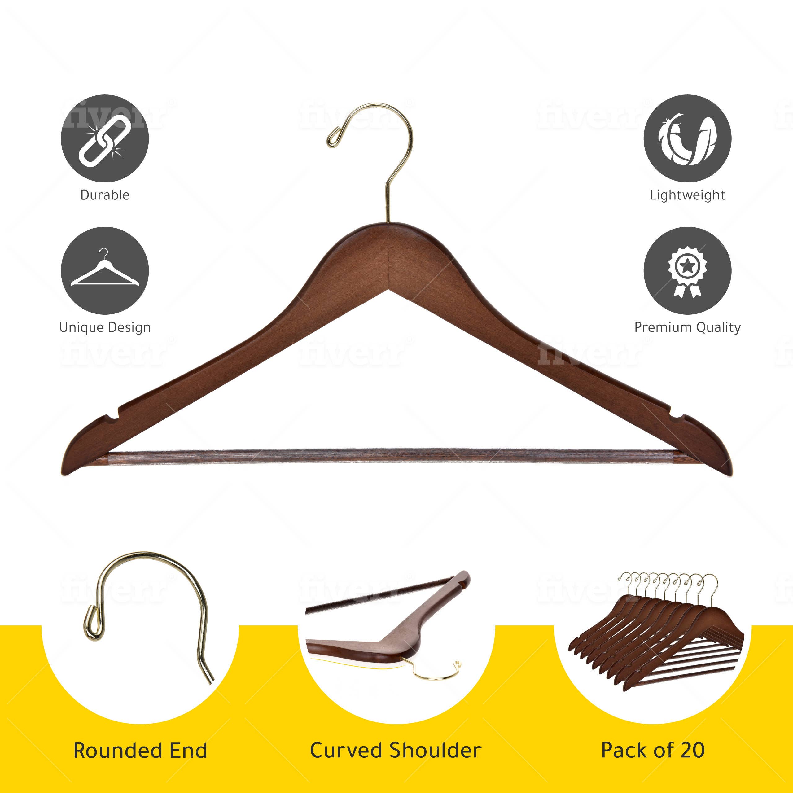 Quality Hangers - Wholesale Clothes Hangers - W010 Semi Curved Wooden Hangers, 17.5" Walnut-Gold - 90 Pcs5