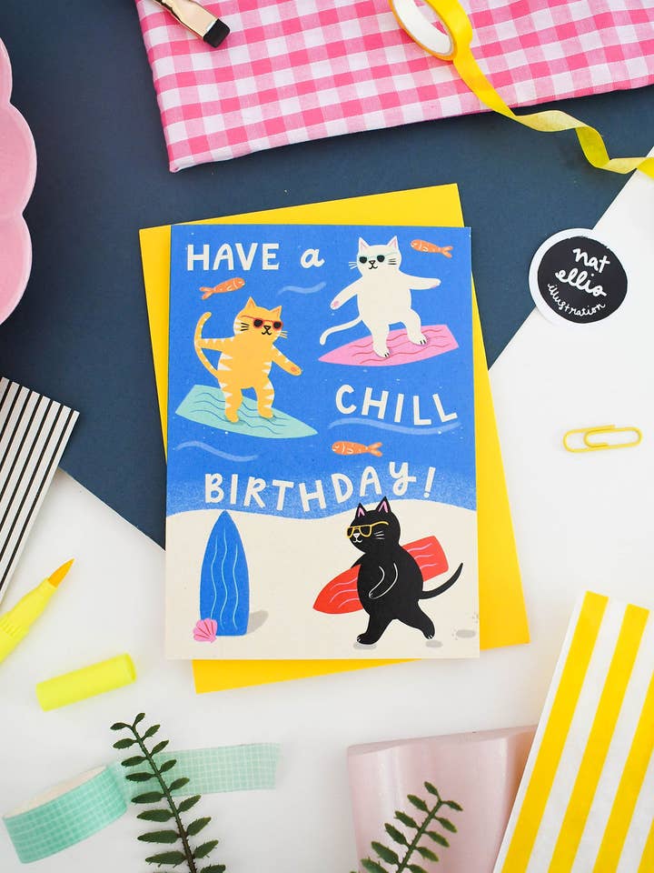 Have A Chill Birthday- Surf Cat Birthday Greeting Card for wholesale by Nat Ellis Illustration