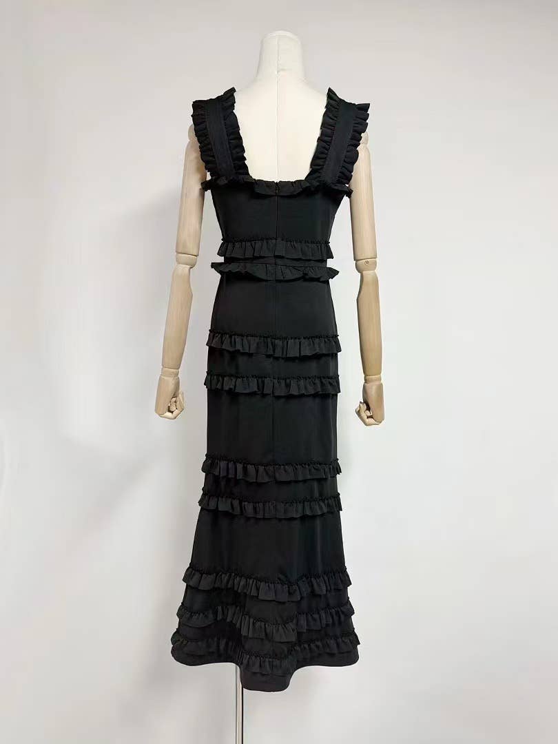 Sanyao Fashion – Vestido comprido - Mulher por atacado – Vestido de Cauda de Sereia com Camadas e Folhos SY497 para Noite de Verão18