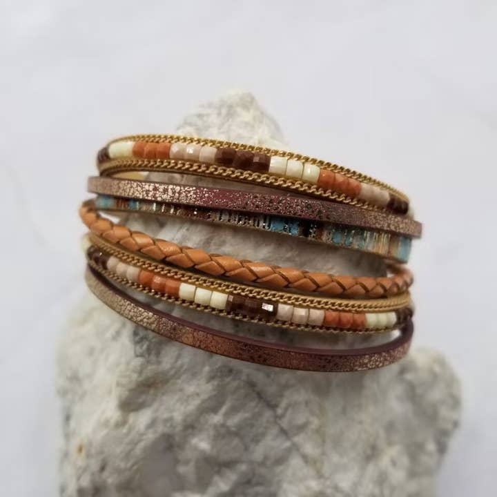 The Pretty Jewellery - Wholesale Beaded Bracelet - Boho Beaded Leather Wrap Magnetic Bracelet