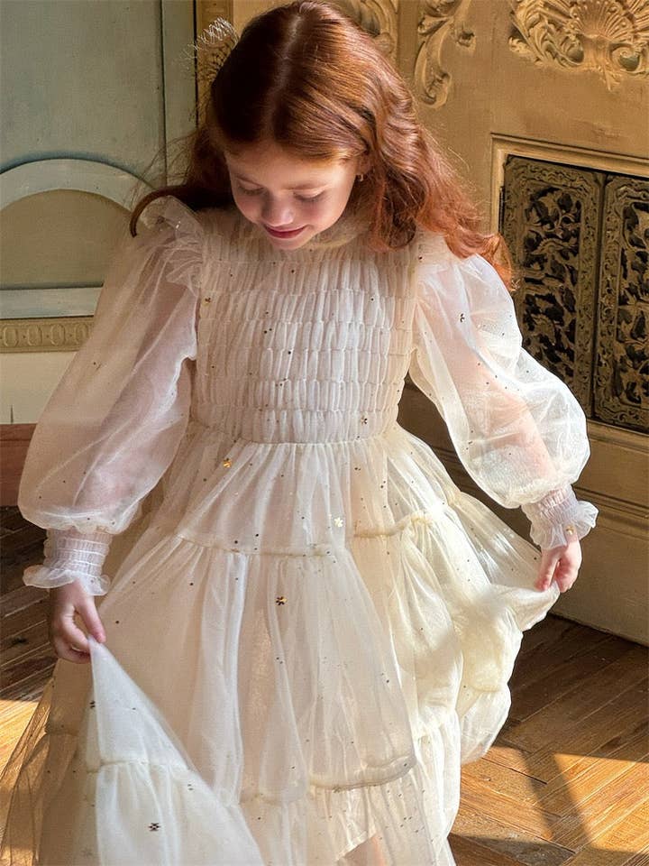 Blair Champagne Puff Sleeve Tutu Dress (PRE ORDER FOUR WEEKS) for wholesale by Ellie Ellie