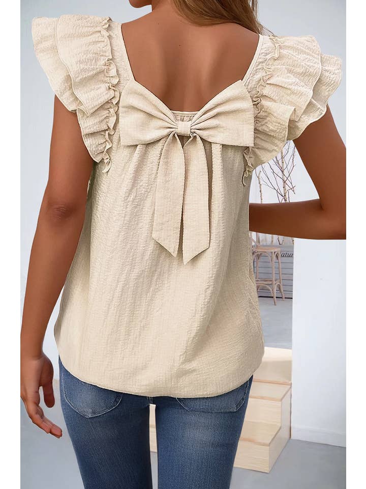 66DISCO - Wholesale Blouse - Women's - Textured Bow Knot Frilled Butterfly Sleeve Blouse (S-2XL)4