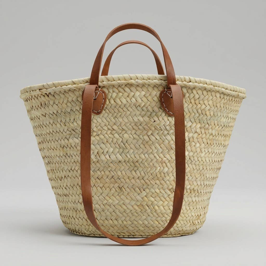 Melecraft - Wholesale Beach Bag - French Market Basket Straw Tote - Double Leather Handles1