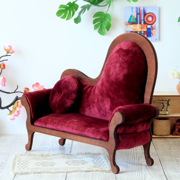 Miniature dollhouse sofa Victorian style brown wood furnitur for wholesale by Lenasminiland