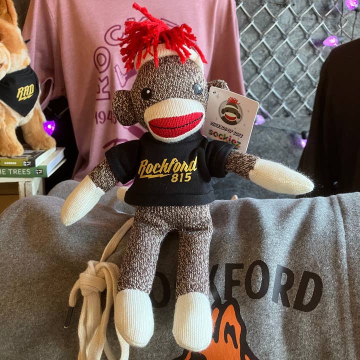 Sock Monkey with Rockford Bolt Tee for wholesale by Rockford Art Deli