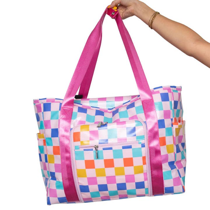 Multi Checker Multicolored Checkered Oversized Foldable Tote for wholesale on Faire