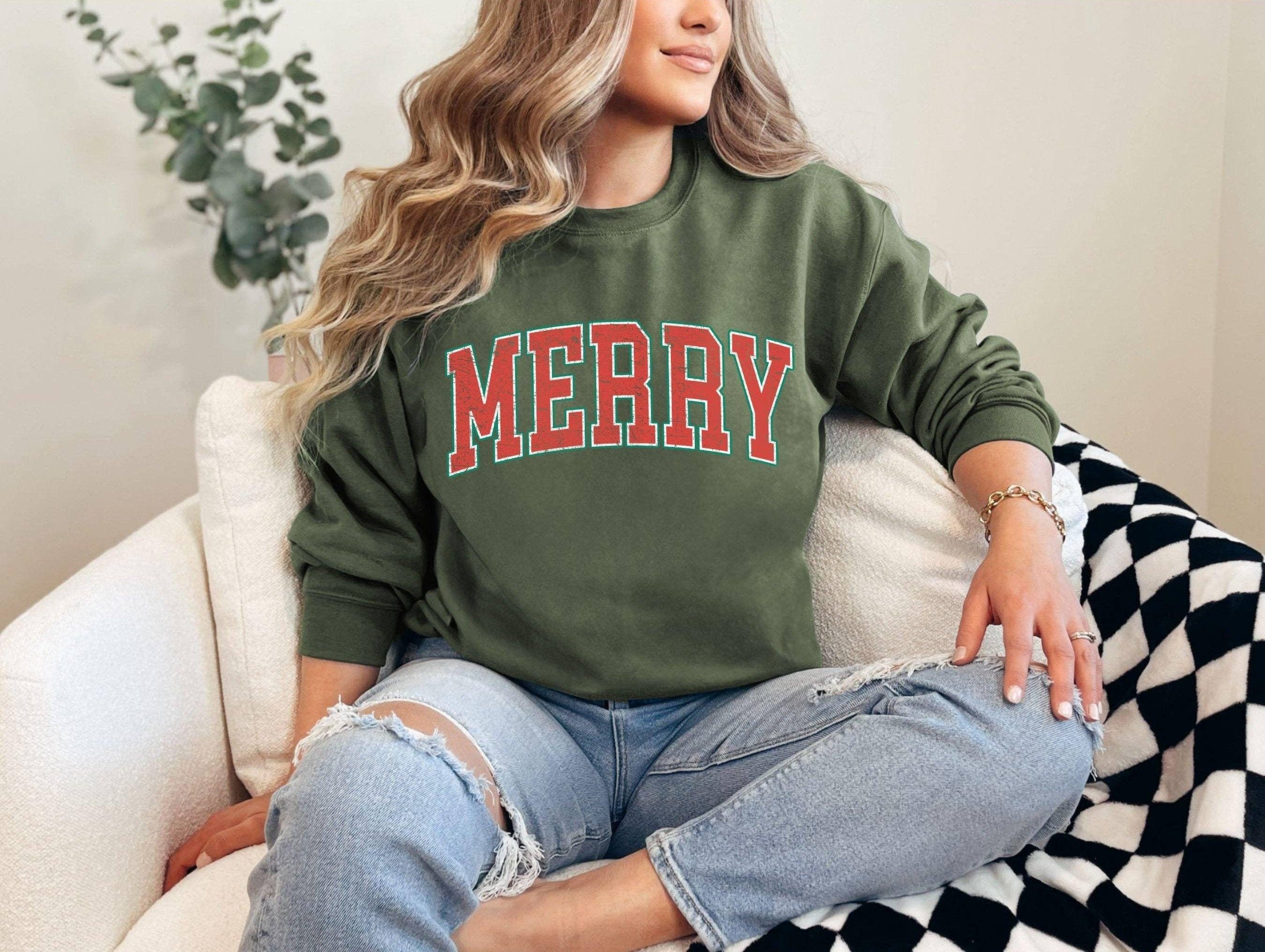 Military Green Distressed Vintage Merry Oversized Christmas Sweater for wholesale on Faire2
