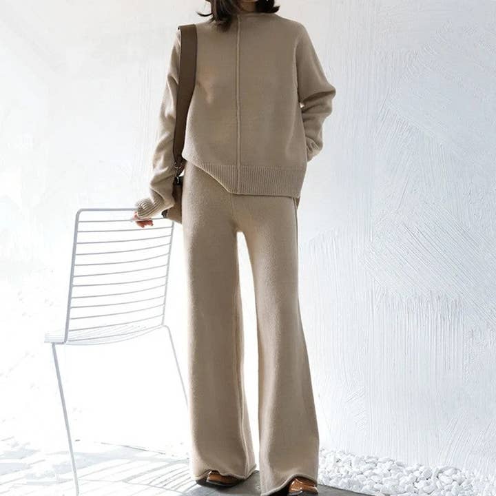 Solid Color Crop Sweater And Wide Leg Pants Set for wholesale by FurDecoration