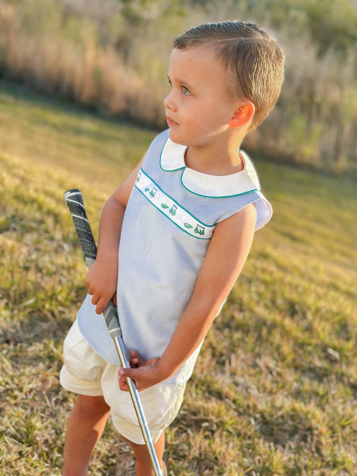 Boys Golf Ribbon Blue Oxford Fabric & Yellow Mini Stripe Banded Shortie Set for wholesale by The Seaside Proper Children’s Company