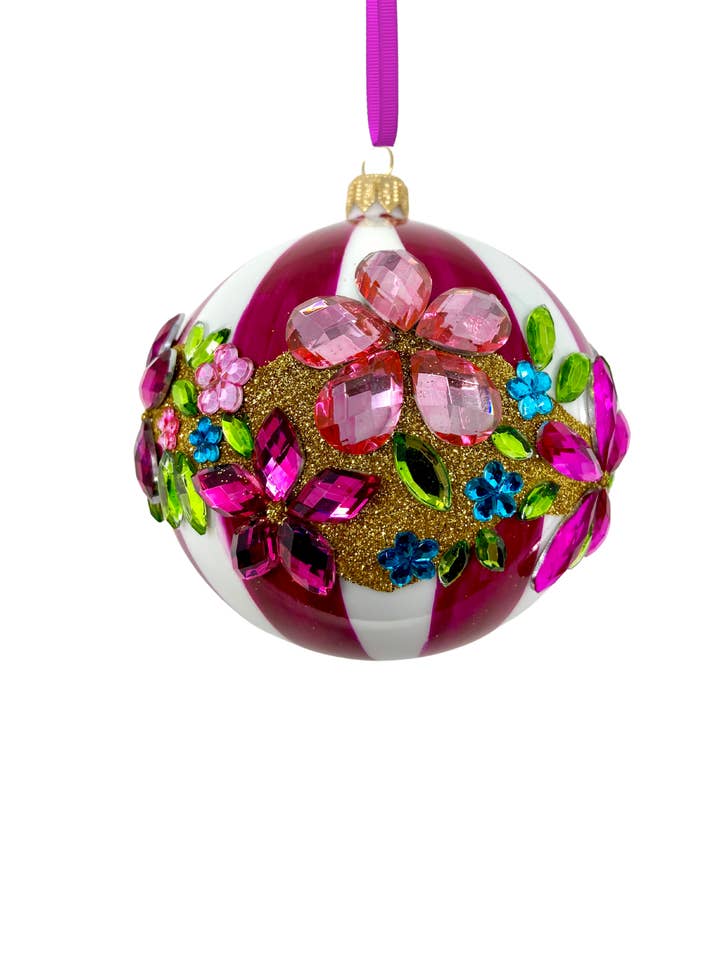 Ornement de Noël en verre polonais à rayures roses et florales pour la vente par Kenzies of London