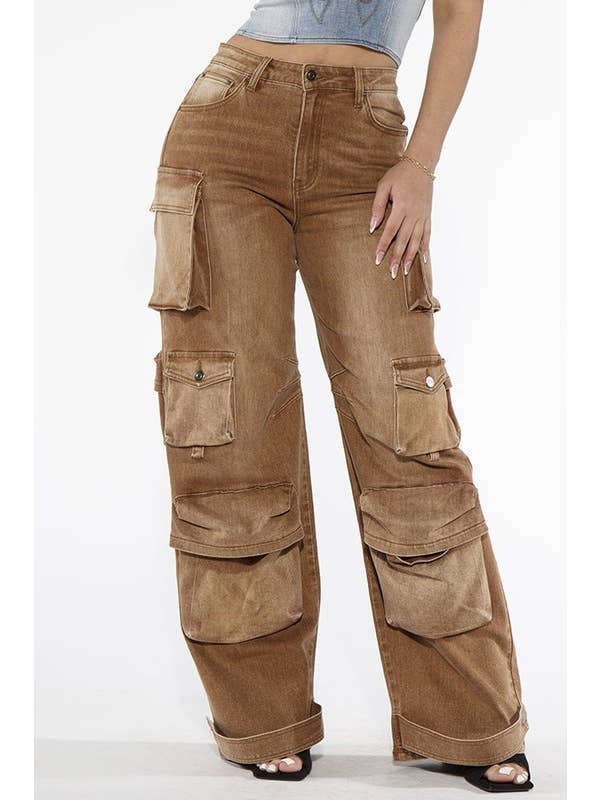 Rehab Lab - Wholesale Jeans - Women's - COLOR WASHED OVERSIZED FIT DENIM CARGO PANTS