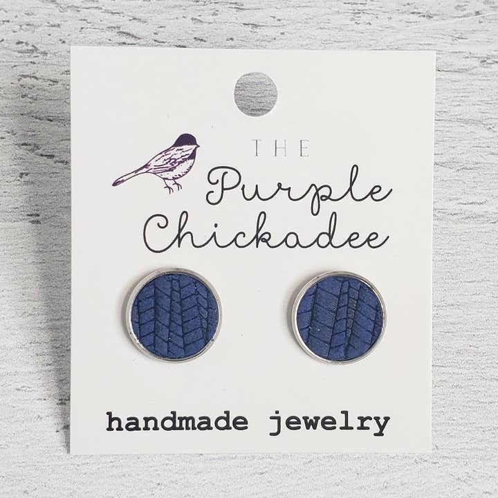 Navy Blue Leather Stud Earrings for wholesale by The Purple Chickadee