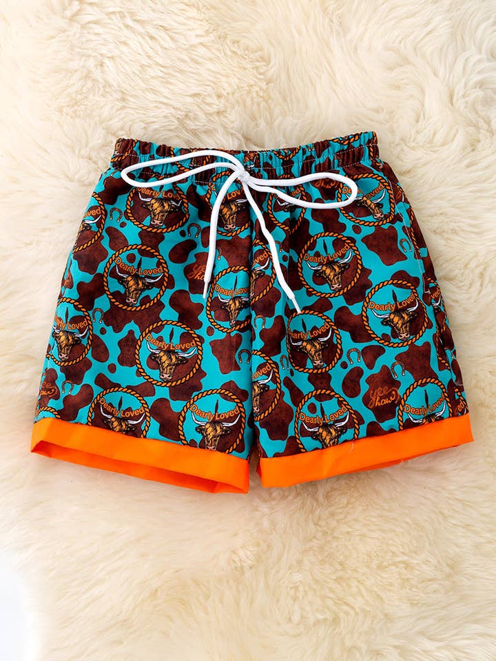 Kids Charm Online - Wholesale Swim Shorts - Kids - Teal with orange trim boys western trunks. SWB50019 Jean