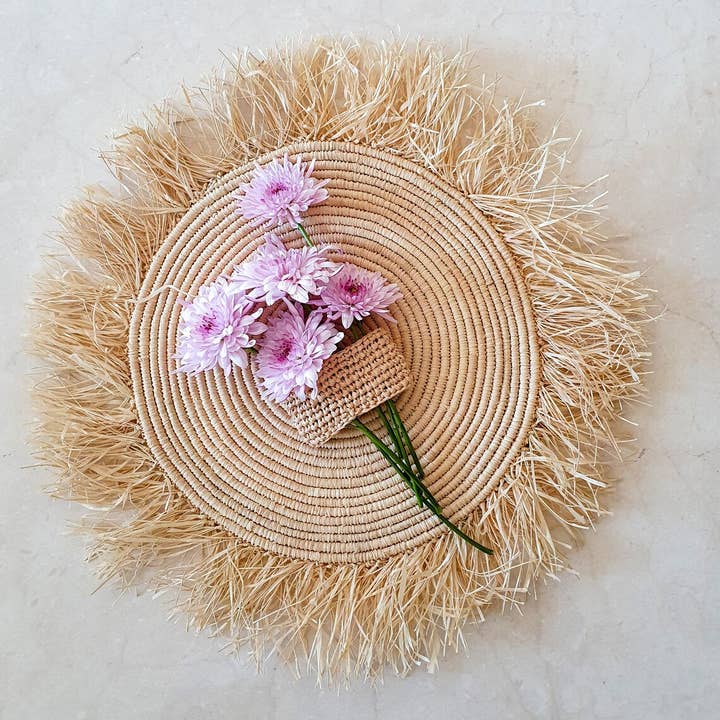 HandmadeBestSeller – wholesale Placemat – Round raffia table set with fringes Moroccan9