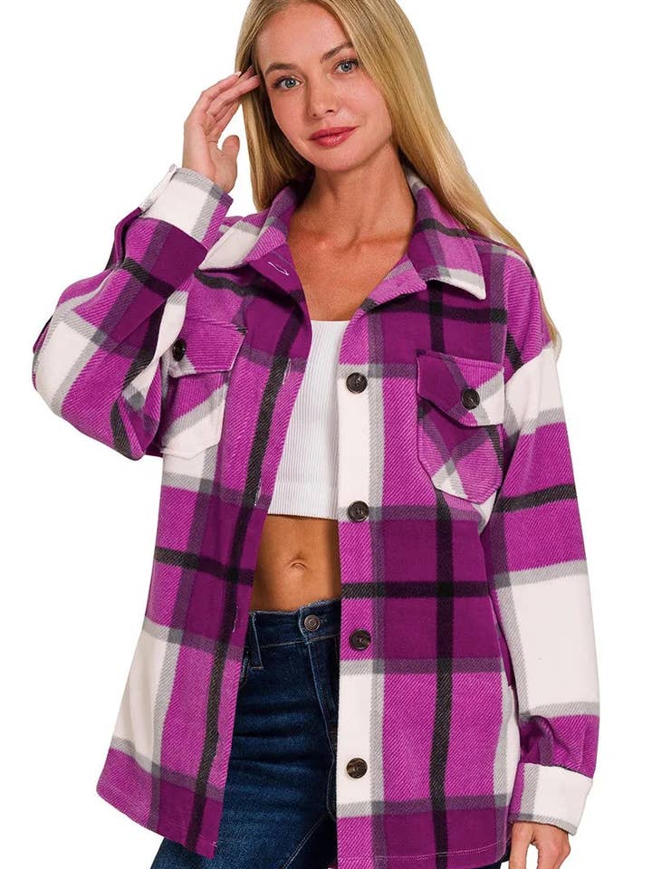 Surchemise en polaire à carreaux surdimensionnée Zenana pour la vente par Garden Naked