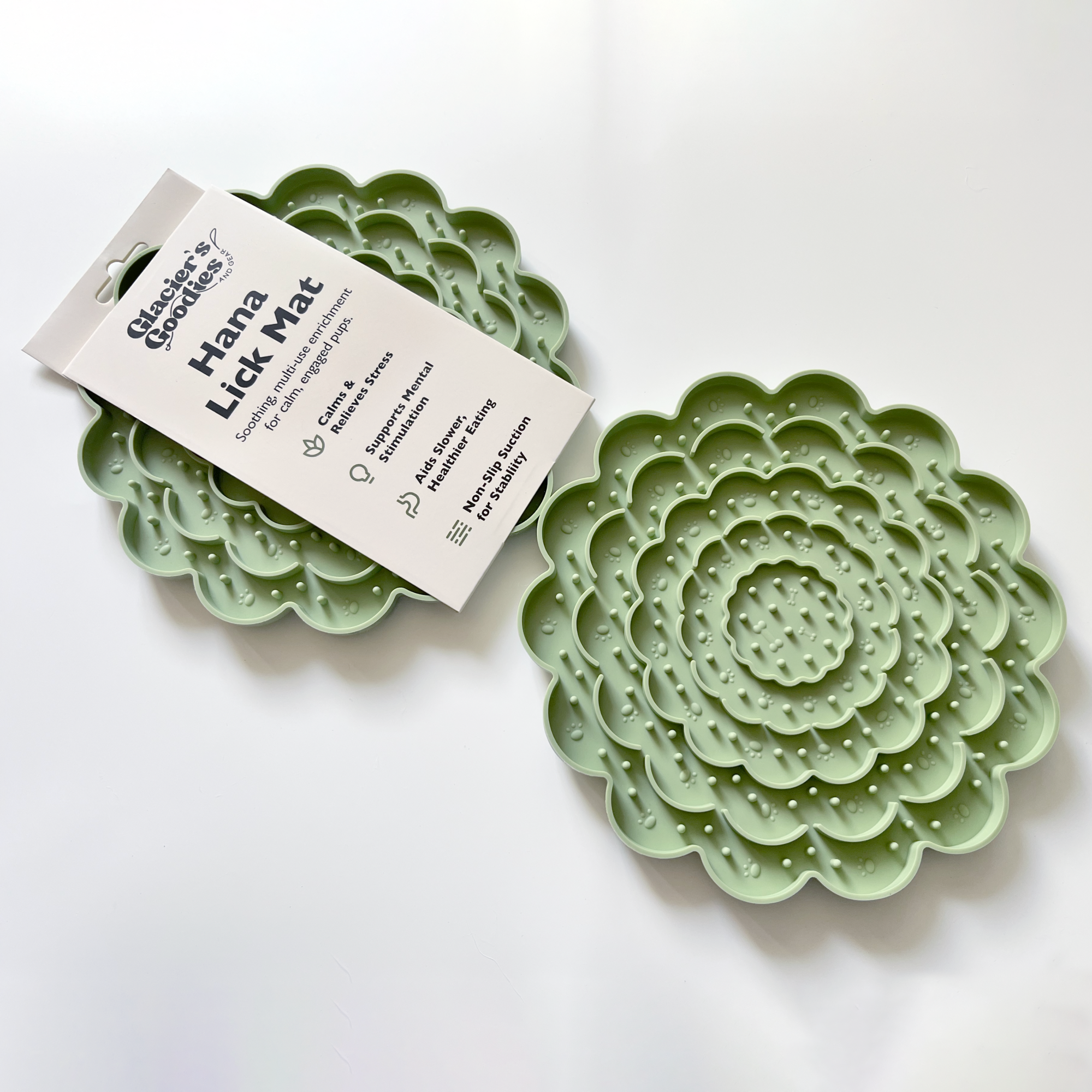 Glacier's Goodies - Wholesale Pet Food Mat - Dog - Hana Lick Mat – Floral Enrichment Mat (8”) – Sage Green2