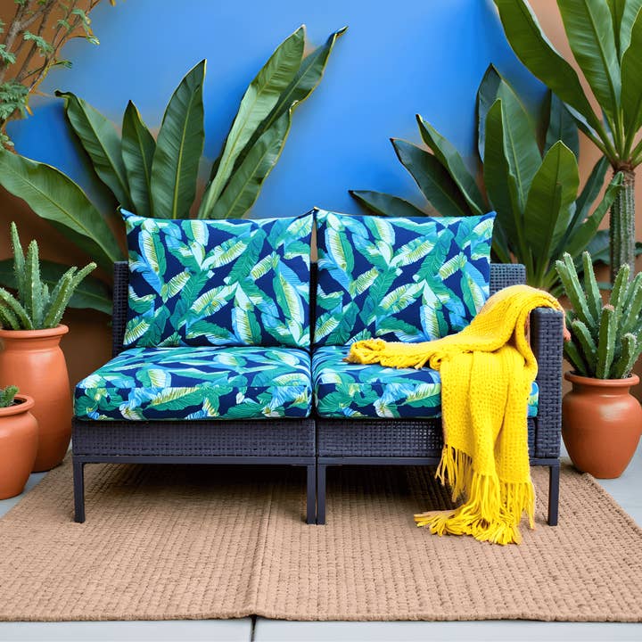 REMOVED BRAND - Wholesale Chair Cushion - Rockin Cushions Outdoor Slip Covers | Green Banana Leaf Jungle Print | Compatible with IKEA Duvholmen Kuddarna Cushions | Includes 2 Kuddarna Pillow Covers and 2 Duvholmen Seat Covers - Set of 46