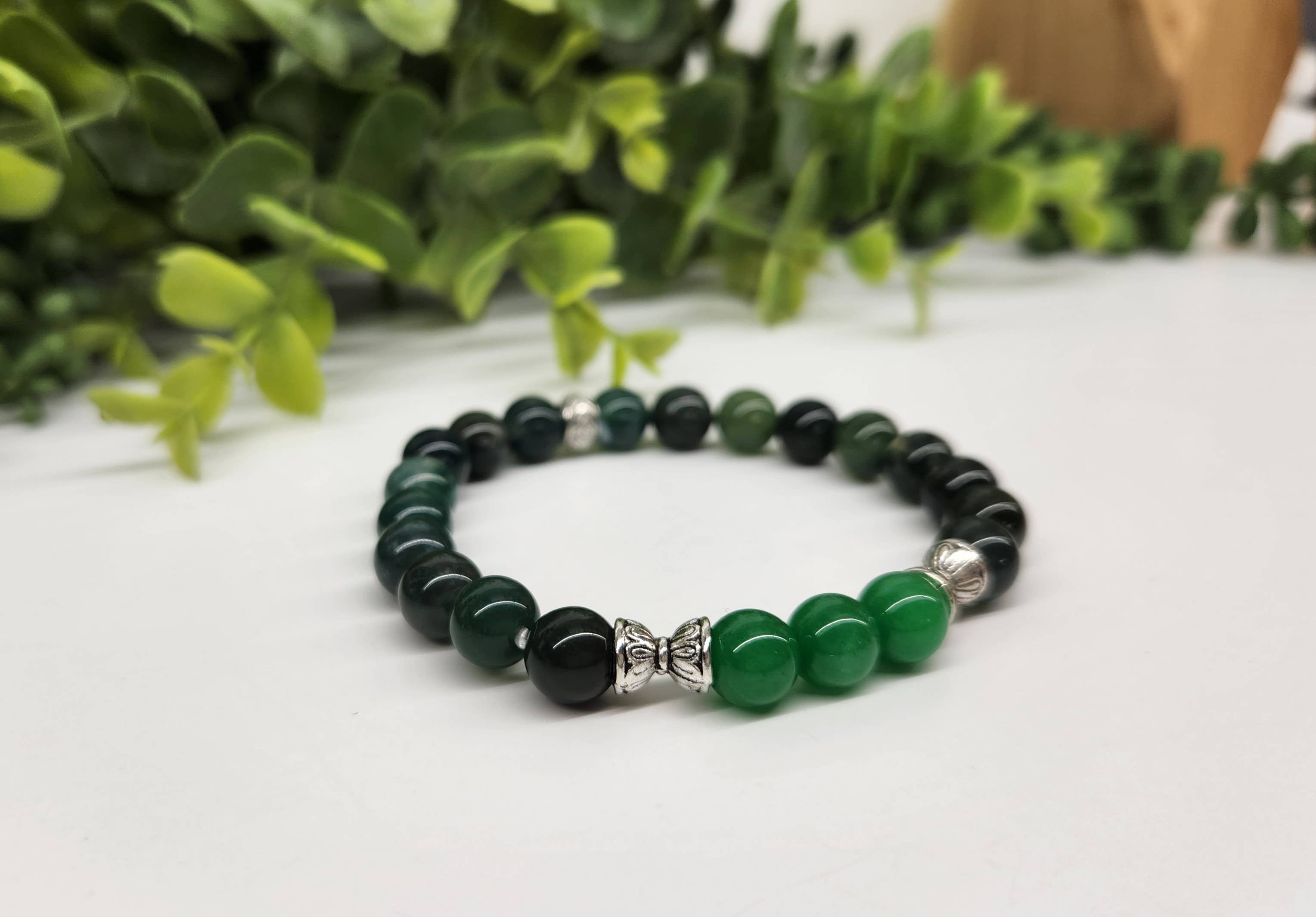 Meraki Gemstones – wholesale Pärlarmband – ABUNDANCE-armband med grön jade (center) och mossagat, 19 cm2