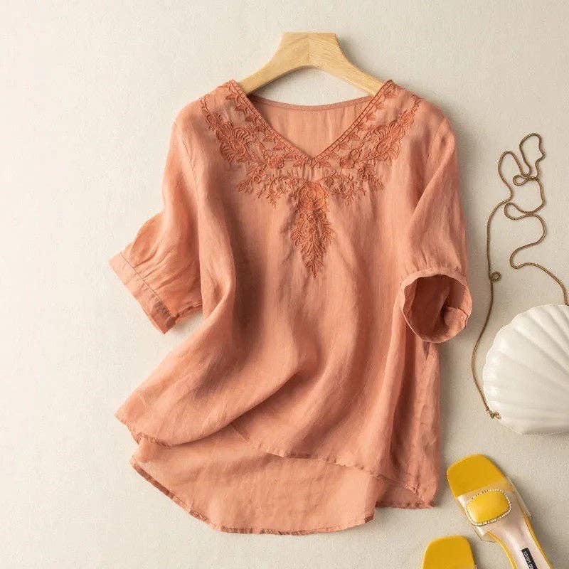 FurDecoration - Wholesale Blouse - Women's - Breathable Loose Fit V-Neck Embroidered T-Shirt1