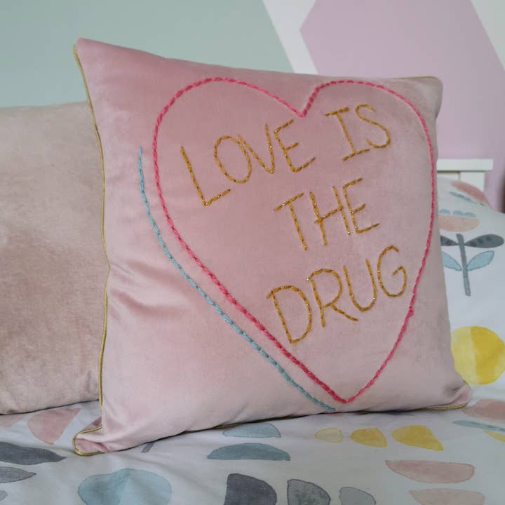 Love Is The Drug Embroidered Heart Cushion for wholesale by JordanLovellA