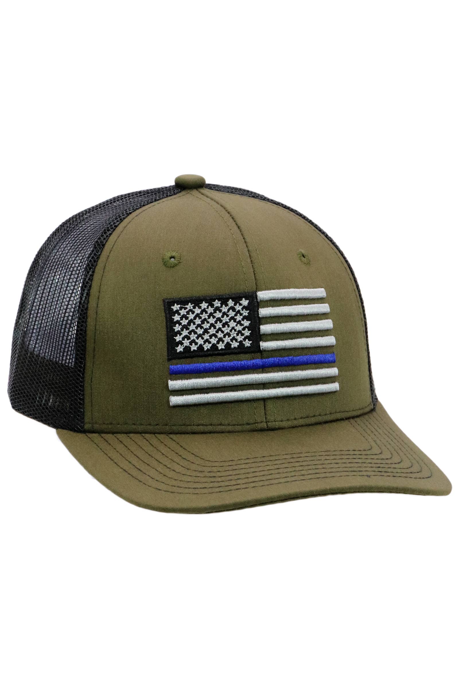 Cap Zone - Vente Casquette de camionneur – unisexe - Casquette de camionneur en maille avec drapeau américain à ligne bleue de la police3