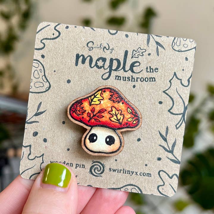 Maple the Mushroom Wooden Pin for wholesale by SwirliNyx