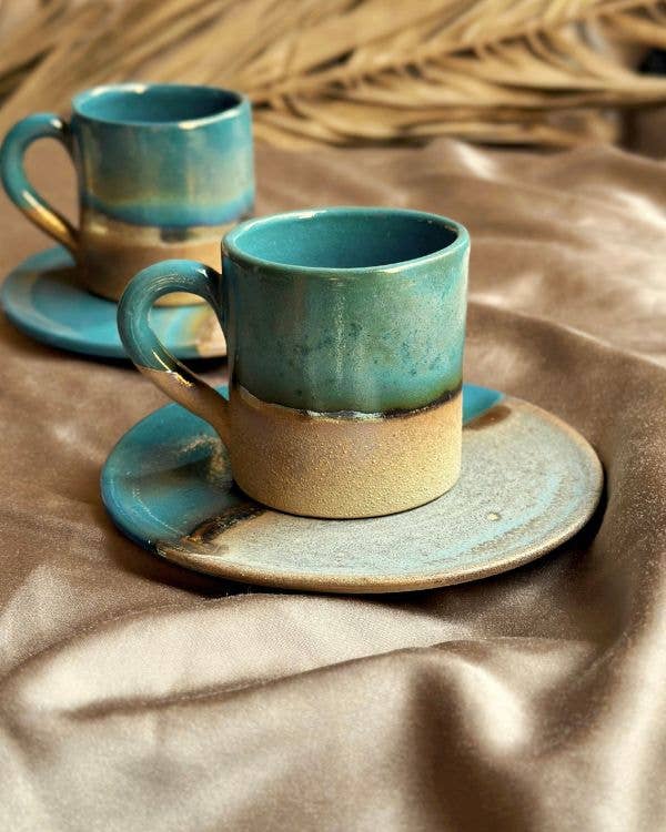 Los Artisans - Wholesale Coffee/Tea Cup - Green, Blue & Gold Coffee/Espresso Cup & Saucer Set6