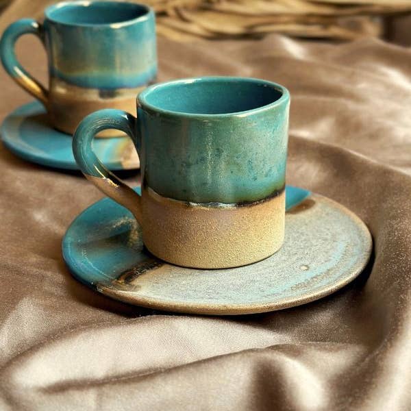 Los Artisans - Wholesale Coffee/Tea Cup - Green, Blue & Gold Coffee/Espresso Cup & Saucer Set6