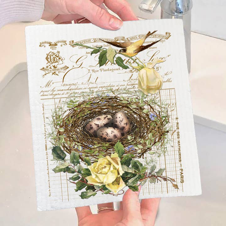 Vintage Shabby Chic Birds Nest Roses Swedish Dishcloth for wholesale by Avery Lane Gifts