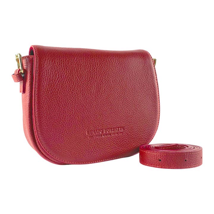 RB1002V | Genuine Leather Shoulder Bag Made in Italy with removable leather shoulder strap and attachments with shiny gold metal buckles - Color Red - Dimensions: cm 26 x 20 x 10 for wholesale by Kaili mood / RENATO BORZATTA - Italy since 1978 -