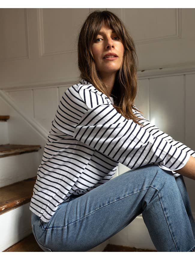 Ivy T - Wholesale T-Shirt - Women's - Erin 3/4 Organic Cotton Navy Breton T-Shirt4