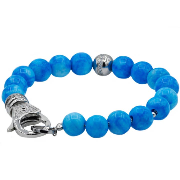 Blackjack Mens Jewelry - Wholesale Beaded Bracelet - Men's Stainless Steel Genuine Larimar Bead & CZ Bracelet