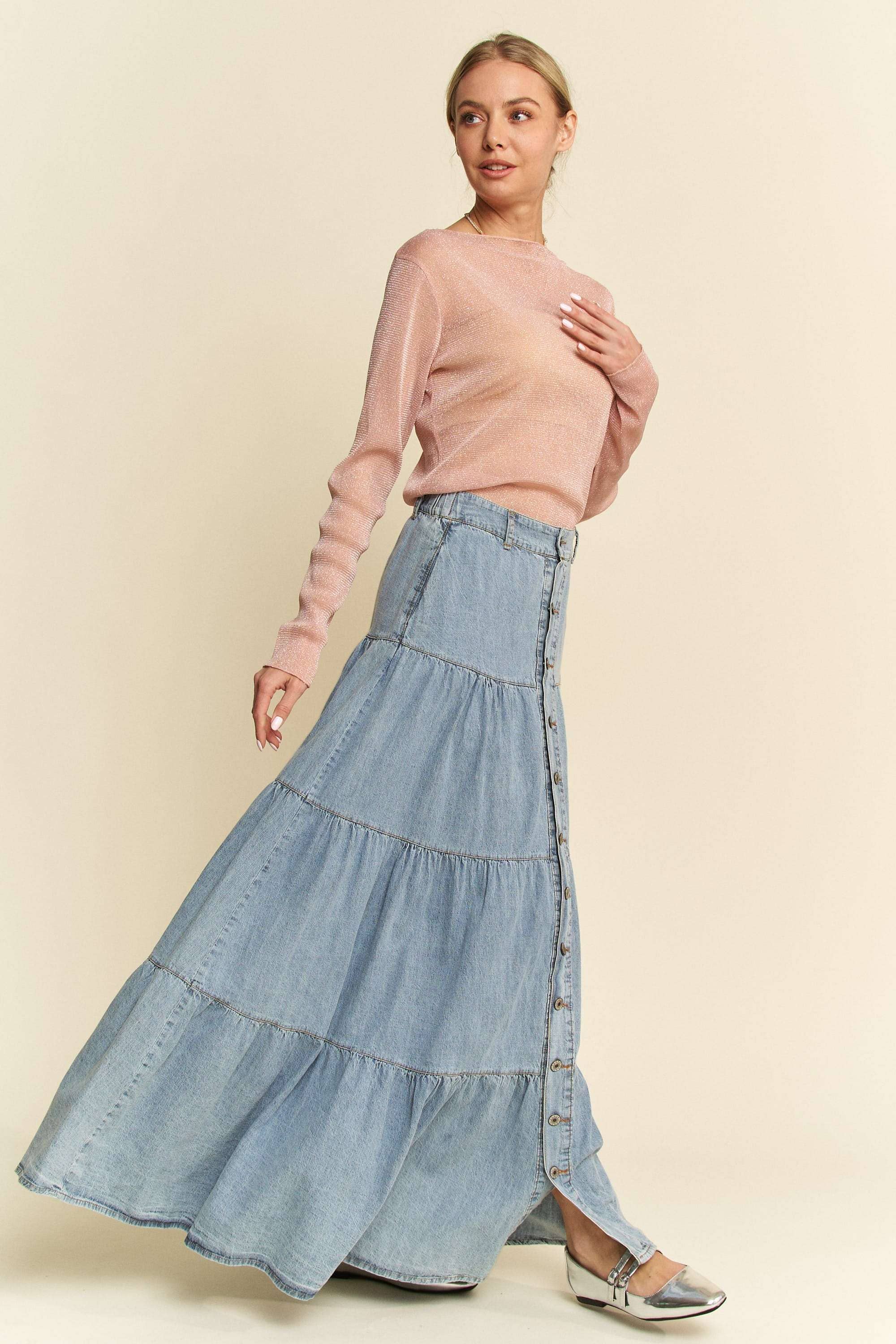 DENIM BUTTON FRONT RUFFLE HEM DENIM MAXI SKIRT for wholesale on Faire8