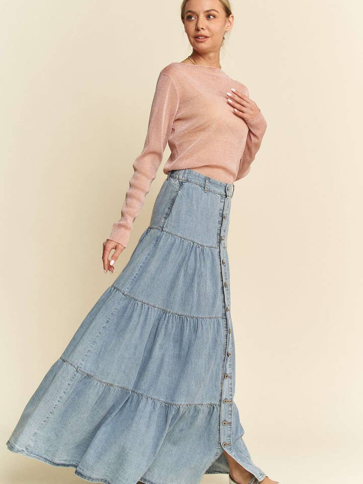 DENIM BUTTON FRONT RUFFLE HEM DENIM MAXI SKIRT for wholesale on Faire8