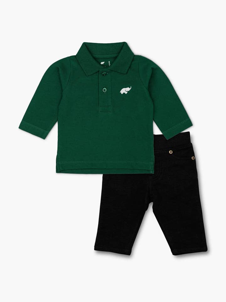 Long Sleeve Polo Brooklyn Sweatpant Bundle_Green for wholesale by Monica + Andy