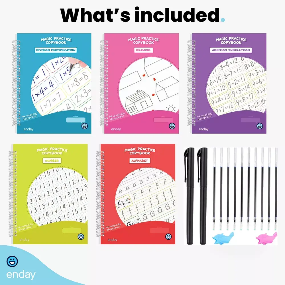 enday – Livro pré-escolar (3 a 5) por atacado – Prática de Escrita Mágica com Sulcos para Crianças - 5 Livros e Canetas2