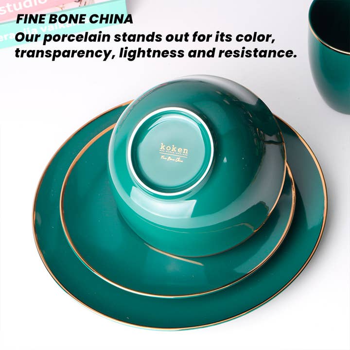 koken - Wholesale Dinnerware Set - KOKEN - 16 Piece Dinnerware Set (Service for 4) fine bone china - China dinnerware set - Plates, Bowls Sets Dishes Set for 4 – Plates set, mugs, Bowls - Microwave safe - Black Golden Rim5