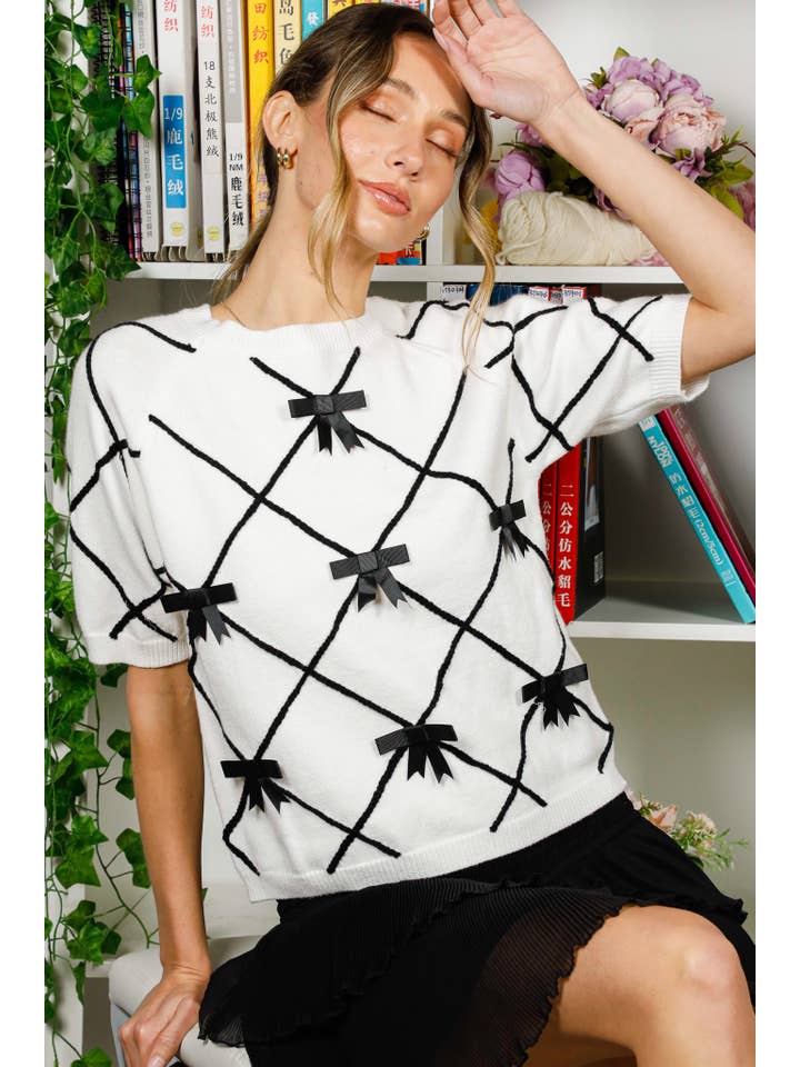 Cream Black Bow Detail Crew Neck Raglan Elbow Sleeve Knit SweaterVT82301 for wholesale on Faire
