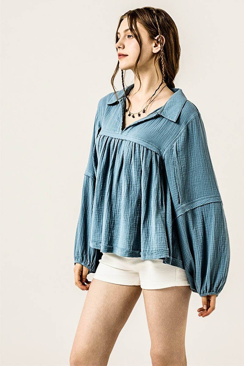 noflik - Wholesale Blouse - Women's - Plus  Bubble Slv Cotton gauze Babydoll Blouse- INT1070P_14