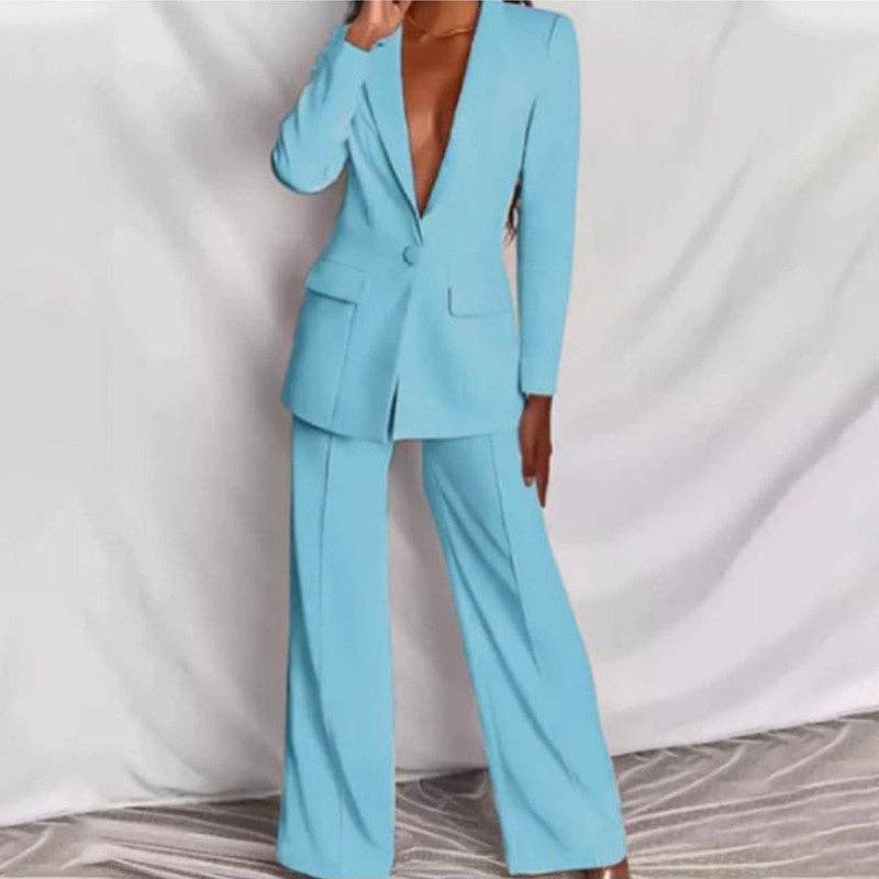 FurDecoration - Wholesale Suit Set - Women's - Solid Color Long Sleeve Suit Straight Leg Pants Set4