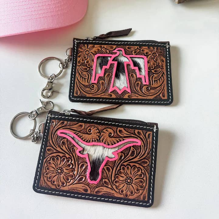 Boho Ranch Shop - Wholesale Wallet - Women's - Tooled Leather Keychain Wallet Thunderbird Longhorn Bow Hat