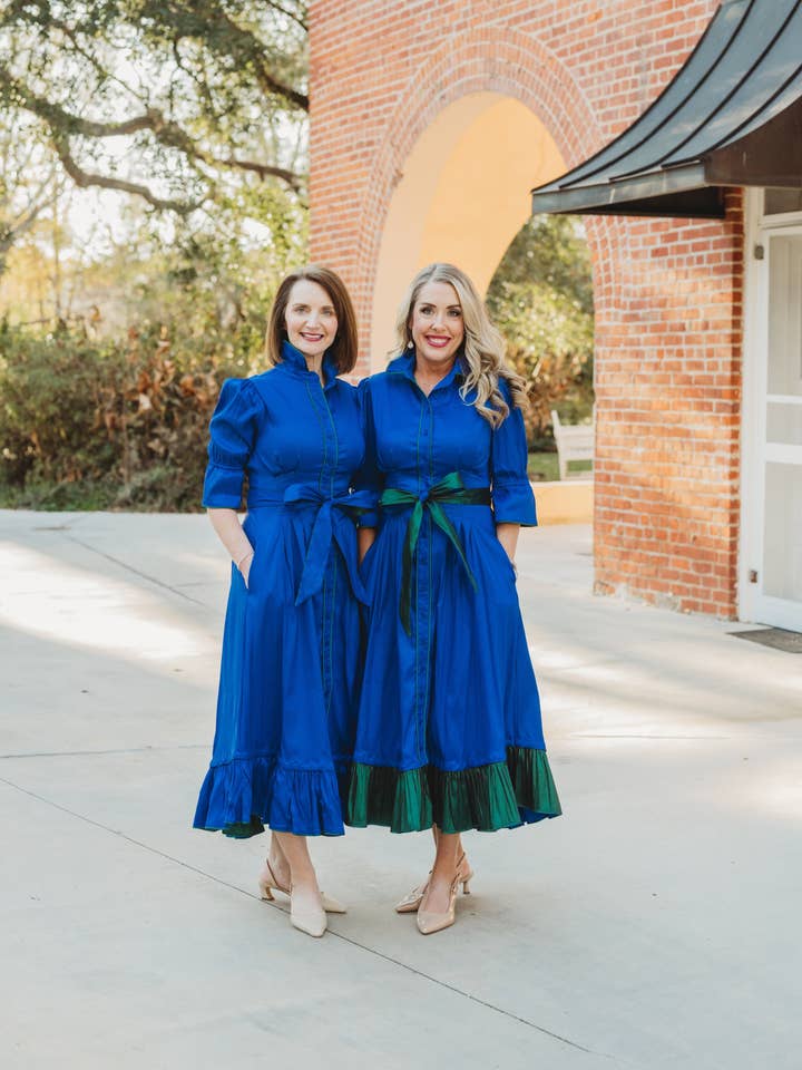 A-Line Royal and Emerald Ruffle Hem Midi Dress With Bow for wholesale by Kim Lolley Designs