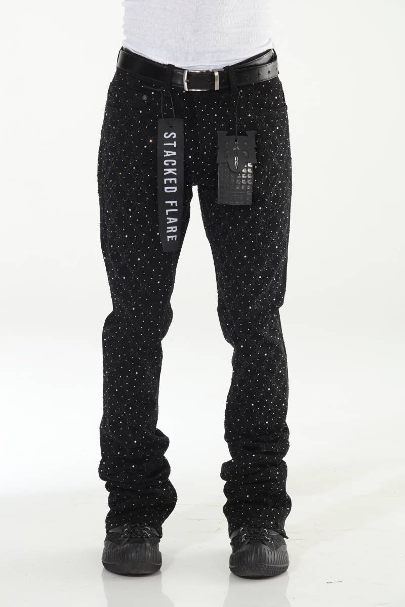 Stylo - Wholesale Jeans - Men's - Black Rhinestone Covered Stacked Flare1